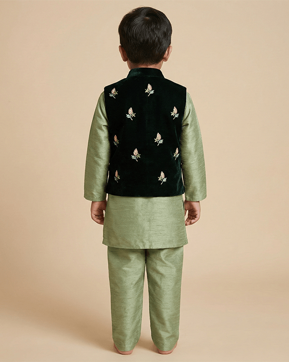 Sage Raw Silk Kurta Set for Boys with Velvet Bandi - BYB PREMIUM