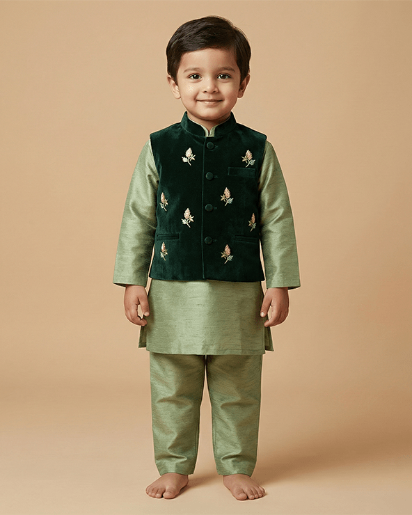 Sage raw silk kurta set for boys with velvet bandi   byb premium