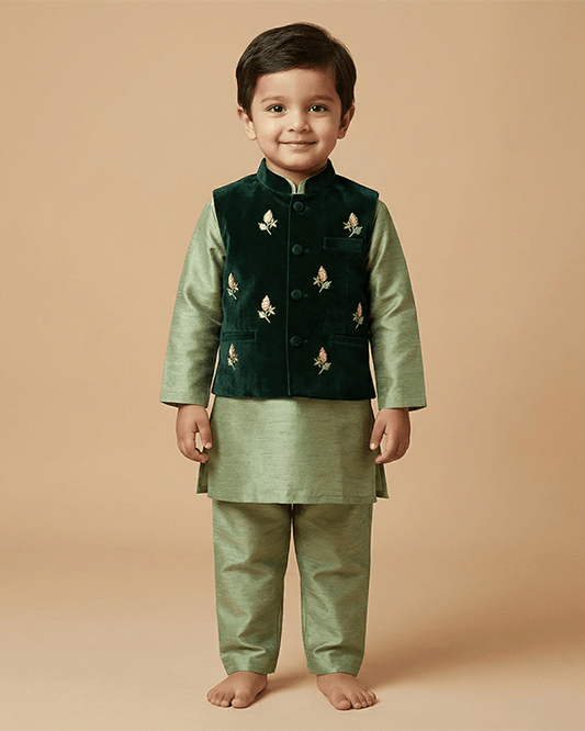 Sage Raw Silk Kurta Set for Boys with Velvet Bandi - BYB PREMIUM