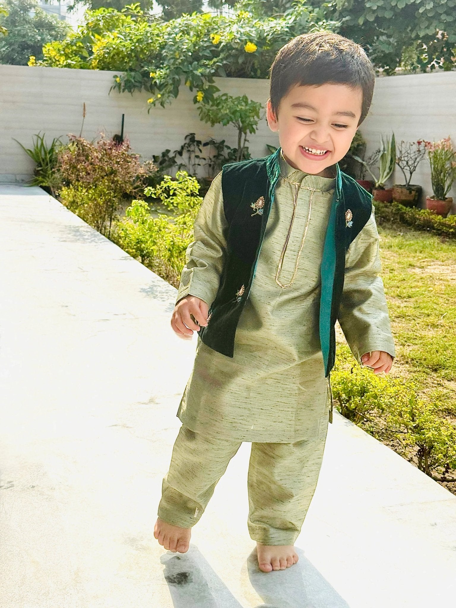 Sage Raw Silk Kurta with Velvet Bandi & Pyjama Set - BYB PREMIUM