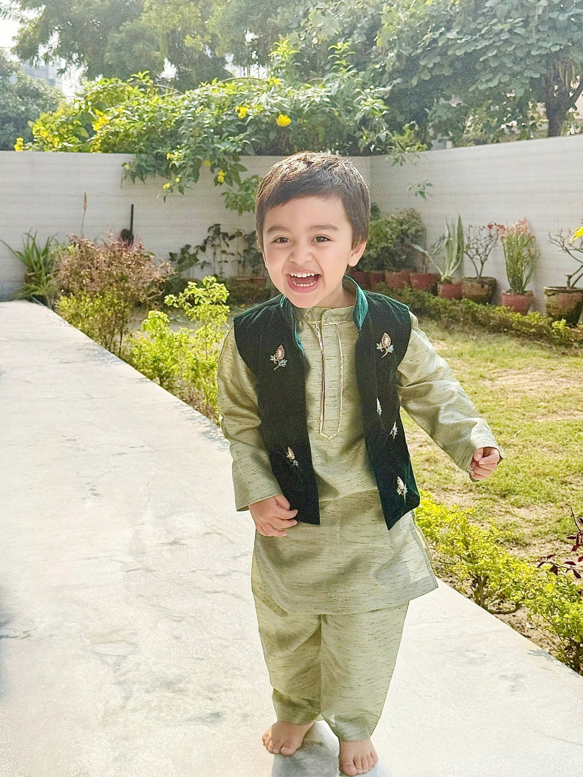 Sage raw silk kurta with velvet bandi & pyjama set   byb premium