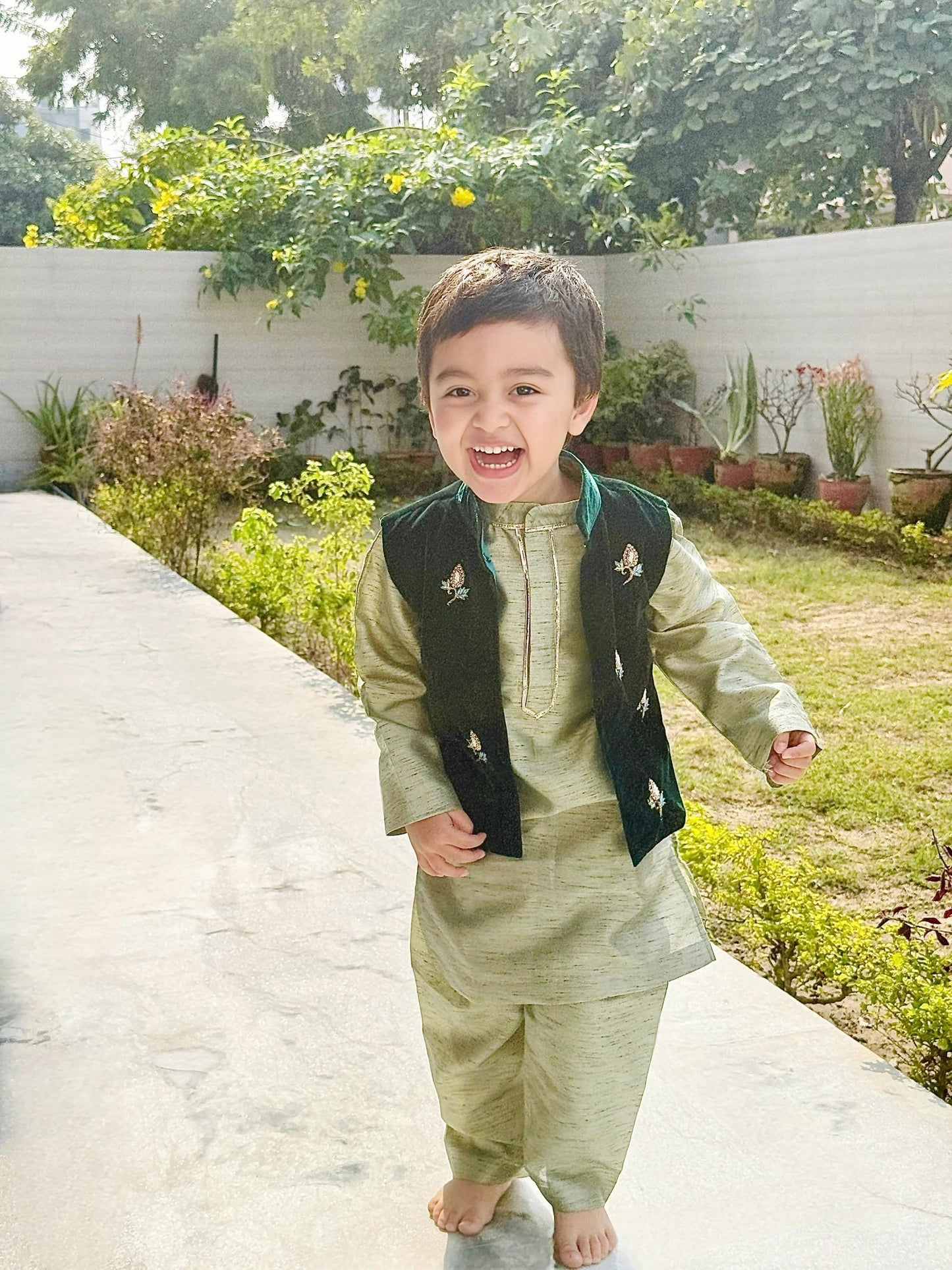 Sage Raw Silk Kurta with Velvet Bandi & Pyjama Set - BYB PREMIUM