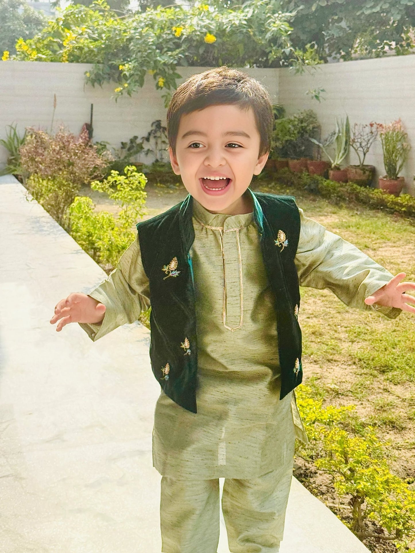 Sage Raw Silk Kurta with Velvet Bandi & Pyjama Set - BYB PREMIUM