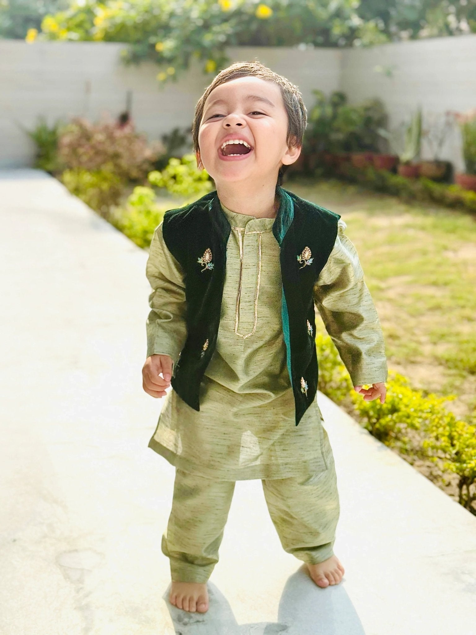 Sage Raw Silk Kurta with Velvet Bandi & Pyjama Set - BYB PREMIUM