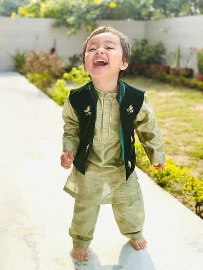 Sage Raw Silk Kurta with Velvet Bandi & Pyjama Set - BYB PREMIUM