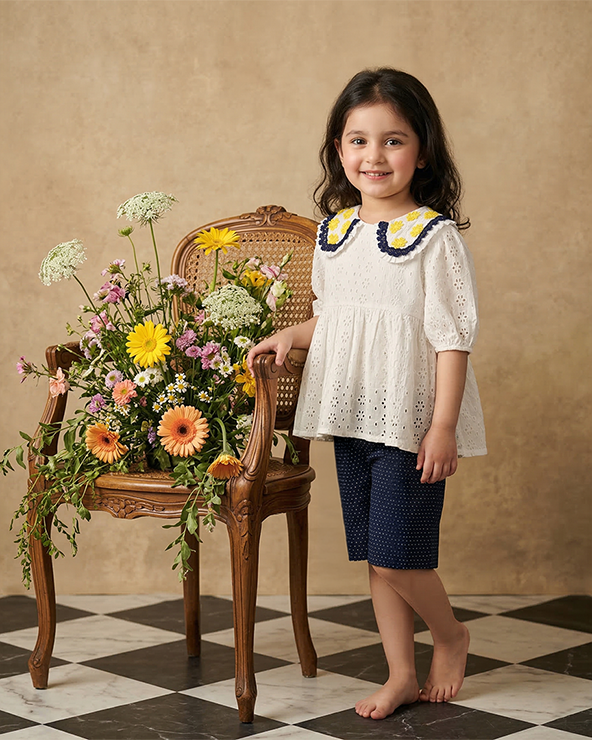 Girls cotton hakoba top with linen shorts set – summer kids outfit