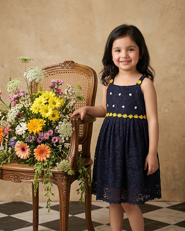 Navy Blue Lace Girls Dress with Floral Embroidery & Satin Lining