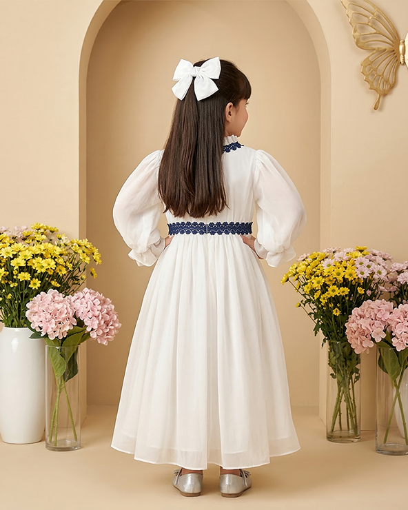 White georgette girls midi dress with puff sleeves & crepe lining