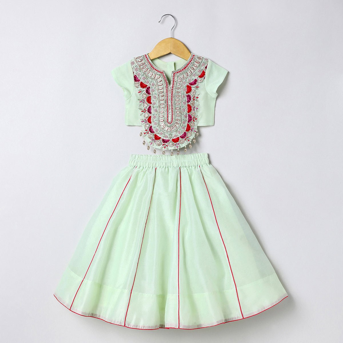 Sea green chanderi silk lehenga set for girls with dupatta   byb premium