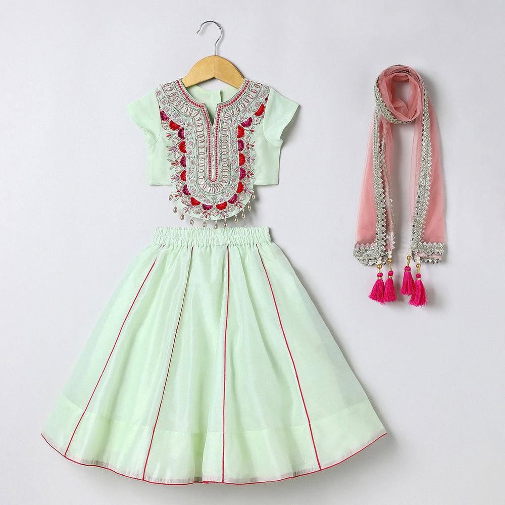 Sea Green Chanderi Silk Lehenga Set for Girls with Dupatta - BYB PREMIUM