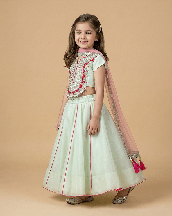 Sea Green Chanderi Silk Lehenga Set for Girls with Dupatta - BYB PREMIUM