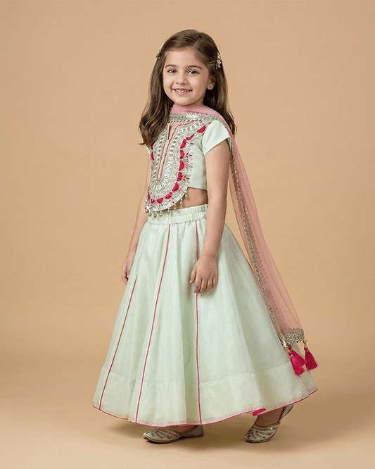 Sea Green Chanderi Silk Lehenga Set for Girls with Dupatta - BYB PREMIUM