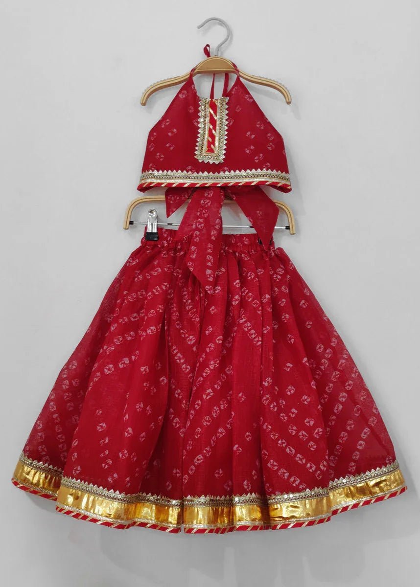 Traditional Red Cotton Kota Halter Top & Bandhani Skirt Set for Baby Girls - BYB PREMIUM