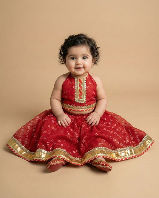 Traditional Red Cotton Kota Halter Top & Bandhani Skirt Set for Baby Girls - BYB PREMIUM