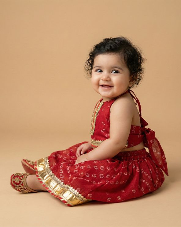 Traditional Red Cotton Kota Halter Top & Bandhani Skirt Set for Baby Girls - BYB PREMIUM