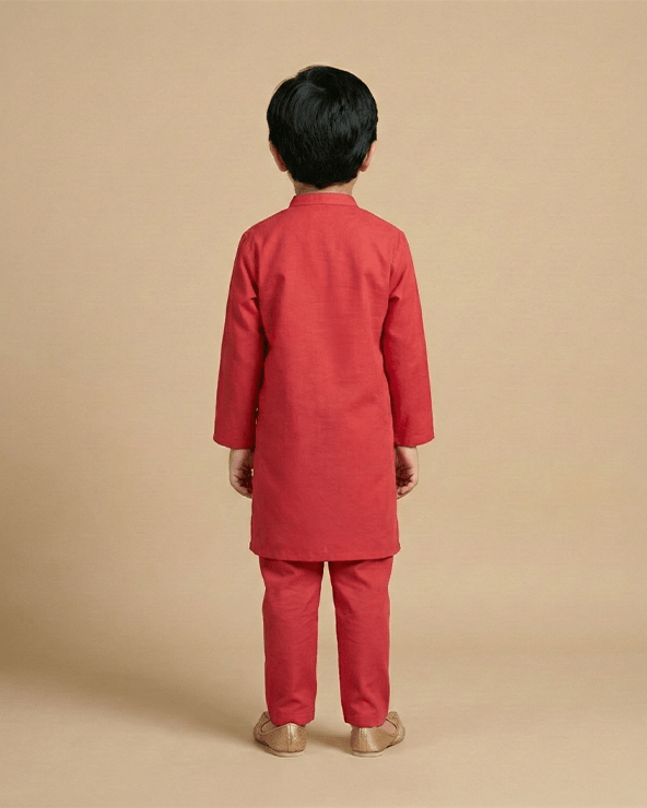 Traditional wedding red linen kurta & cotton pajama set for boys   byb premium