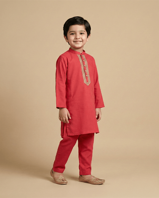 Traditional Wedding Red Linen Kurta & Cotton Pajama Set for Boys - BYB PREMIUM