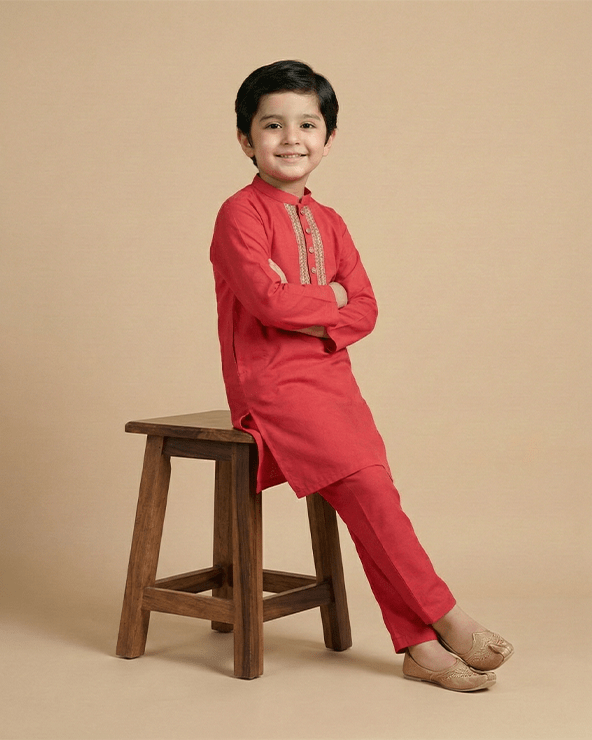 Traditional Wedding Red Linen Kurta & Cotton Pajama Set for Boys - BYB PREMIUM