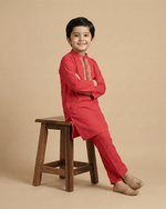 Load image into Gallery viewer, Traditional Wedding Red Linen Kurta &amp; Cotton Pajama Set for Boys - BYB PREMIUM
