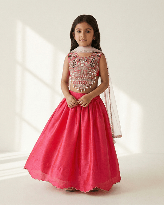 Tussar Silk Fully Hand-Embroidered Top & Skirt Set for Girls - BYB PREMIUM