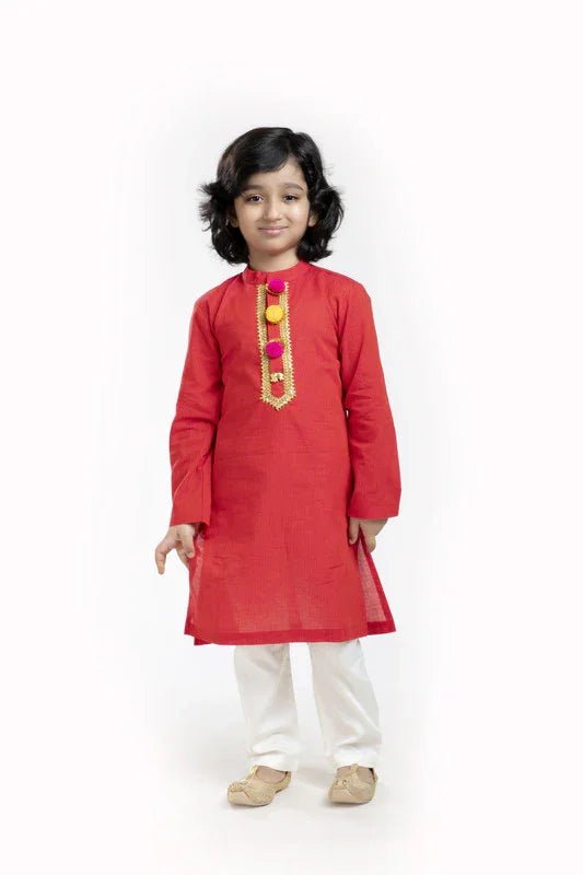 Vibrant red linen kurta pajama set   byb premium