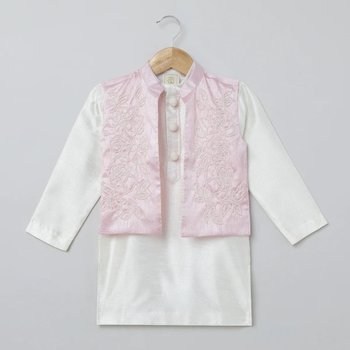 White & Baby Pink Raw Silk Kurta - Pyjama Set for Boys - BYB PREMIUM