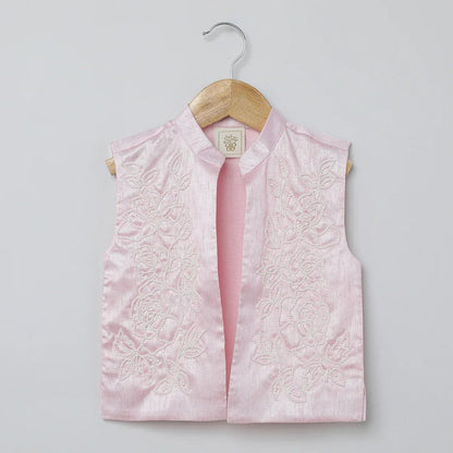 White & Baby Pink Raw Silk Kurta - Pyjama Set for Boys - BYB PREMIUM