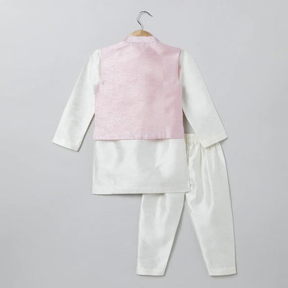 White & Baby Pink Raw Silk Kurta - Pyjama Set for Boys - BYB PREMIUM