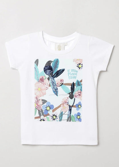 White Bird & Flower Printed T-Shirt with Sequin Detail - BYB PREMIUM