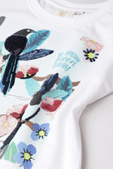 White Bird & Flower Printed T-Shirt with Sequin Detail - BYB PREMIUM