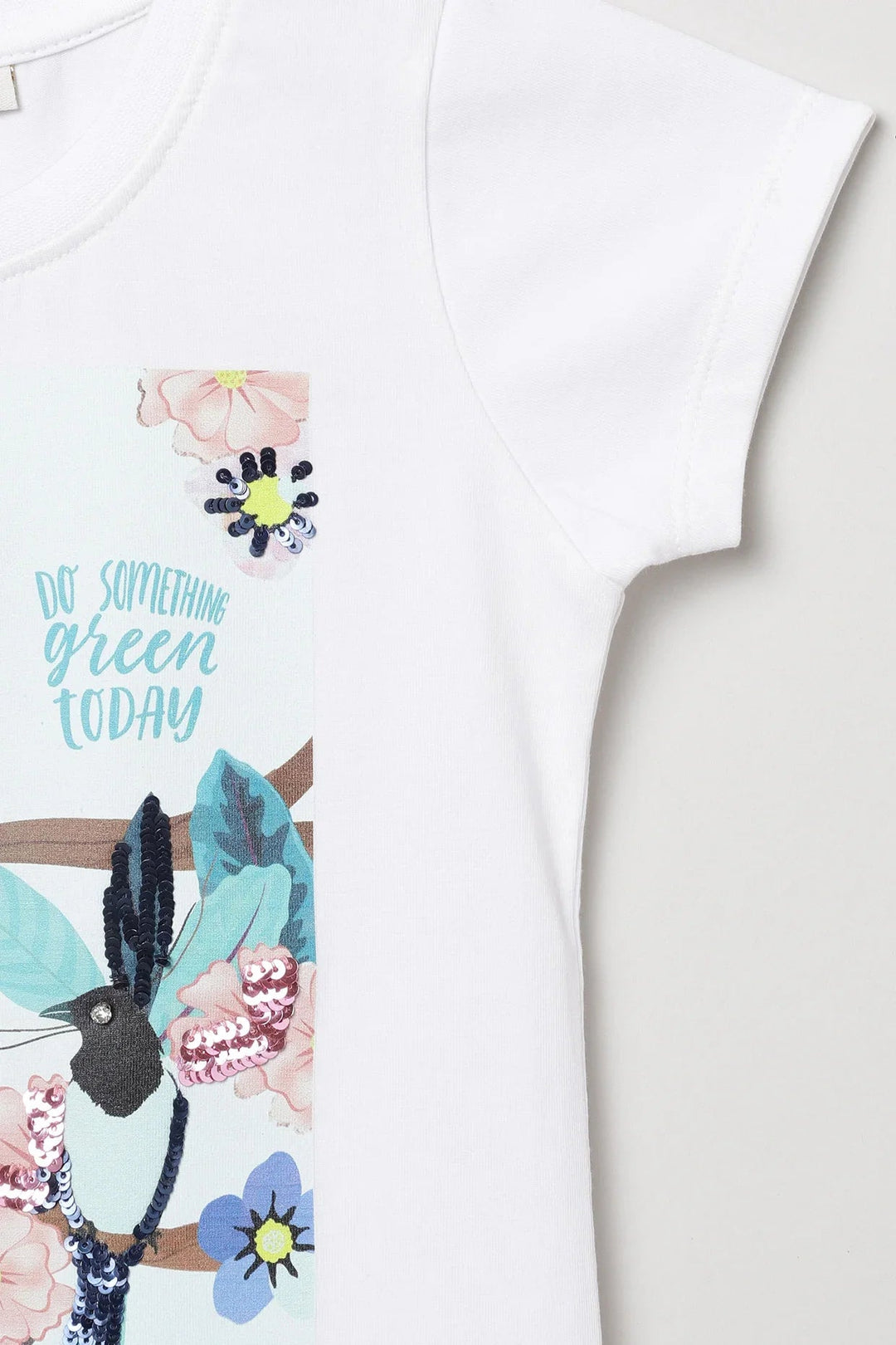 White Bird & Flower Printed T-Shirt with Sequin Detail - BYB PREMIUM