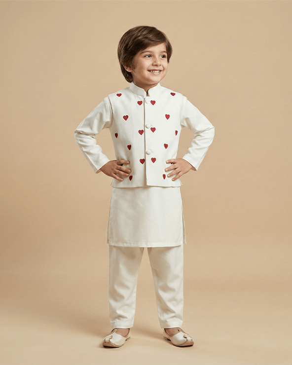 White cotton kurta pyjama set with red heart embroidered jacket for boys   byb premium