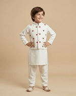 Load image into Gallery viewer, White Cotton Kurta Pyjama Set with Red Heart Embroidered Jacket for Boys - BYB PREMIUM
