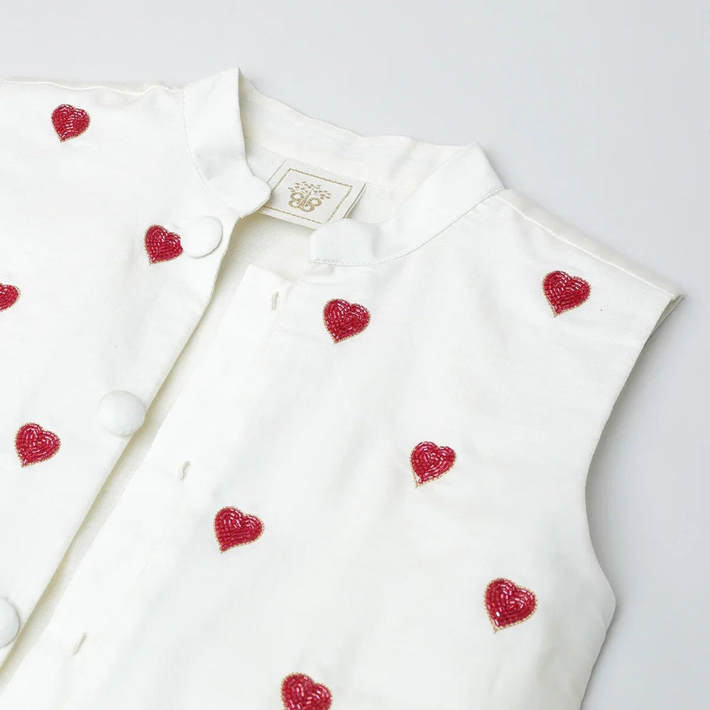 White Cotton Kurta Pyjama Set with Red Heart Embroidered Jacket for Boys - BYB PREMIUM