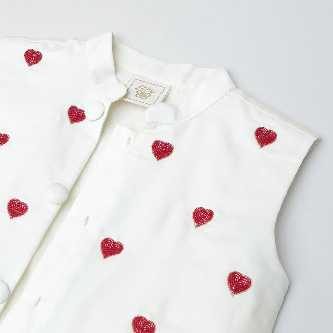 White Cotton Kurta Pyjama Set with Red Heart Embroidered Jacket for Boys - BYB PREMIUM