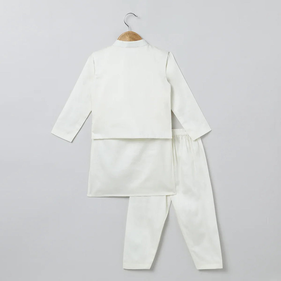 White Cotton Kurta Pyjama Set with Red Heart Embroidered Jacket for Boys - BYB PREMIUM