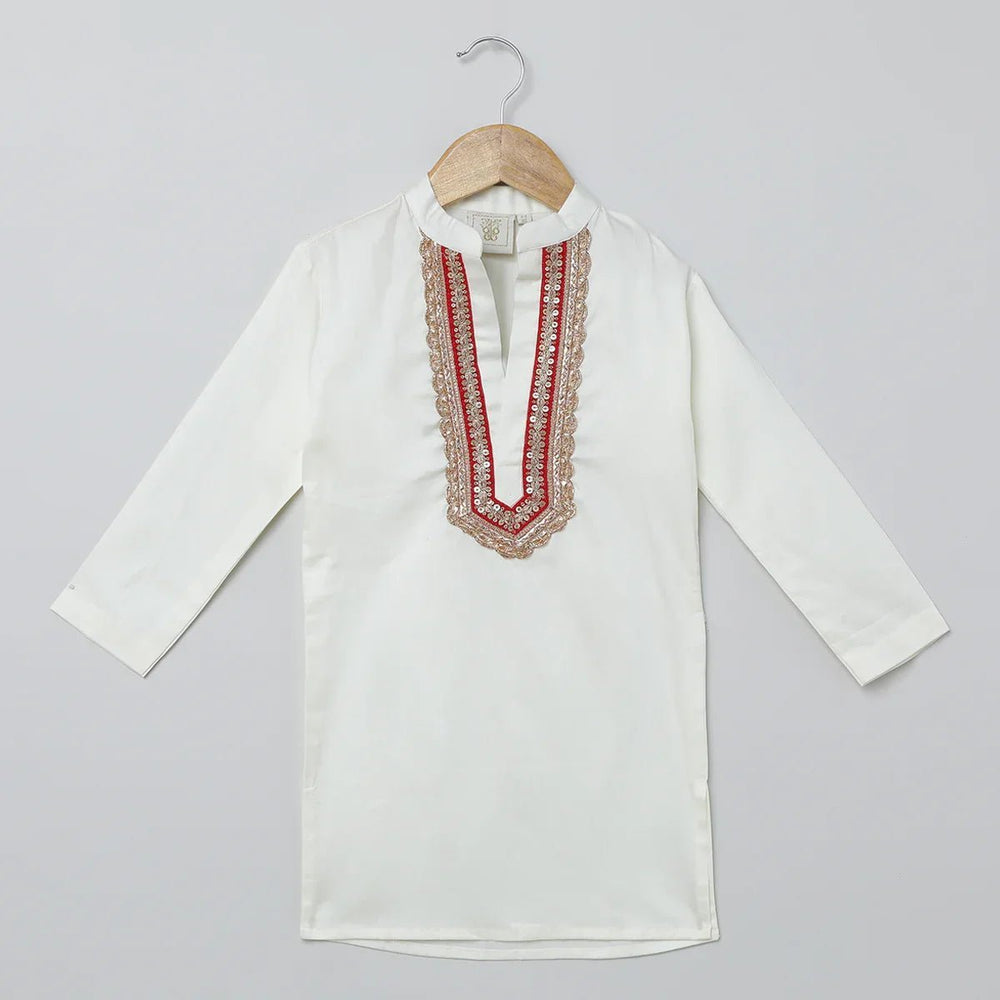 White Cotton Kurta Pyjama Set with Red Heart Embroidered Jacket for Boys - BYB PREMIUM