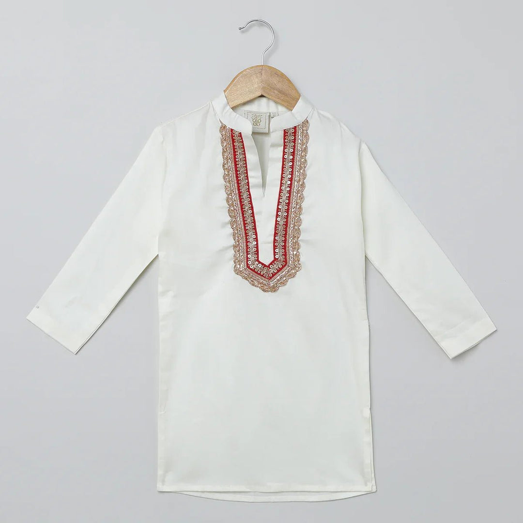 White Cotton Kurta Pyjama Set with Red Heart Embroidered Jacket for Boys - BYB PREMIUM