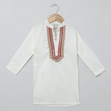 White Cotton Kurta Pyjama Set with Red Heart Embroidered Jacket for Boys - BYB PREMIUM