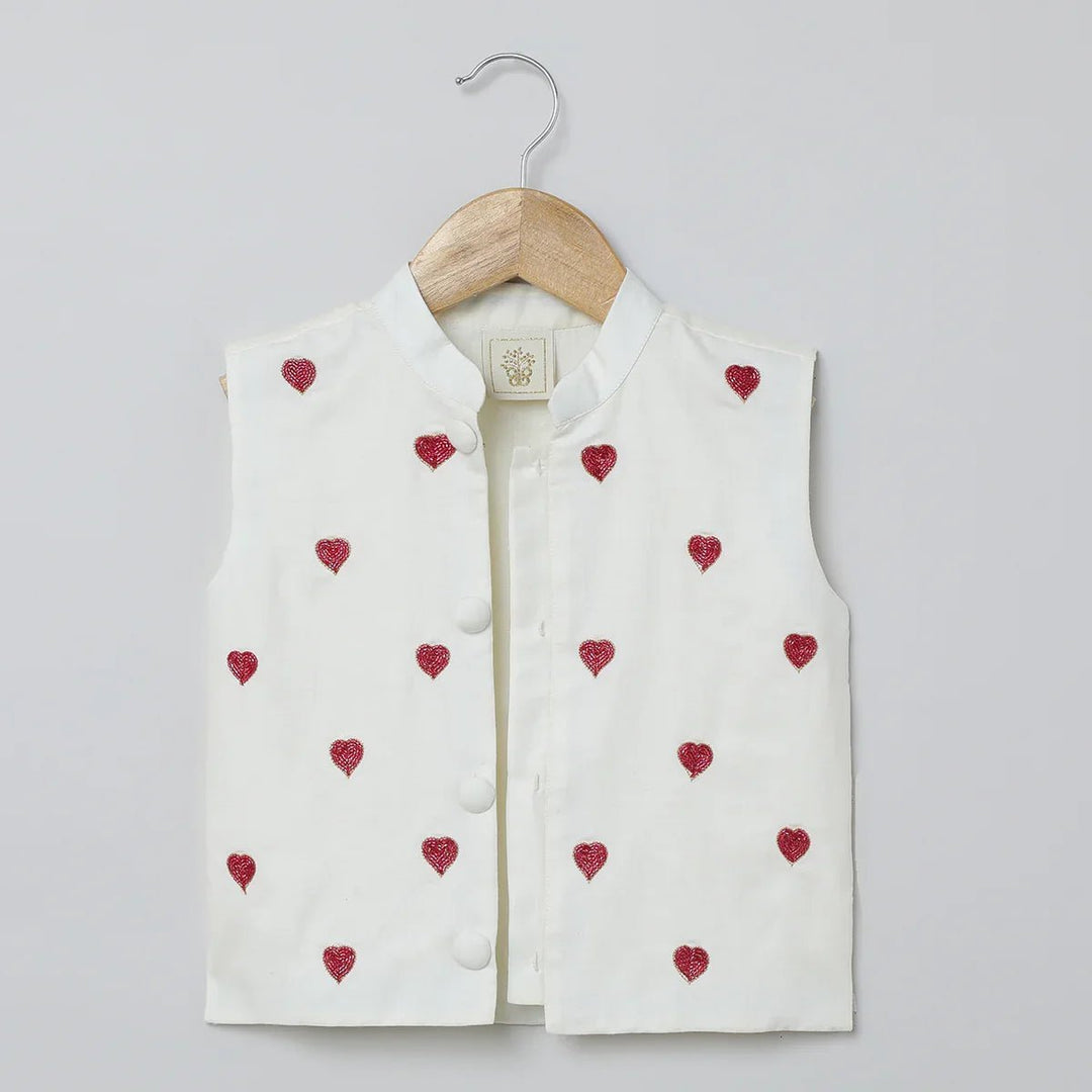 White Cotton Kurta Pyjama Set with Red Heart Embroidered Jacket for Boys - BYB PREMIUM