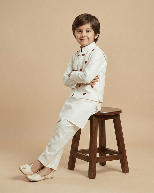 White cotton kurta pyjama set with red heart embroidered jacket for boys   byb premium
