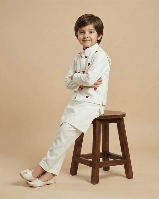 White Cotton Kurta Pyjama Set with Red Heart Embroidered Jacket for Boys - BYB PREMIUM