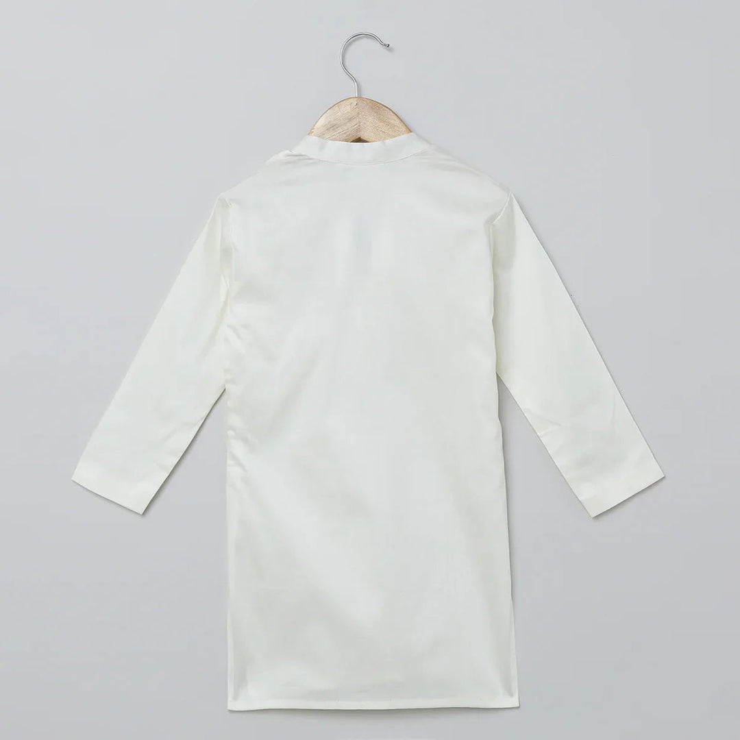 White Cotton Kurta Pyjama Set with Red Heart Embroidered Jacket for Boys - BYB PREMIUM