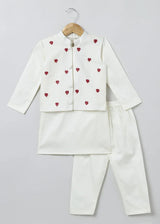 White Cotton Kurta Pyjama Set with Red Heart Embroidered Jacket for Boys - BYB PREMIUM