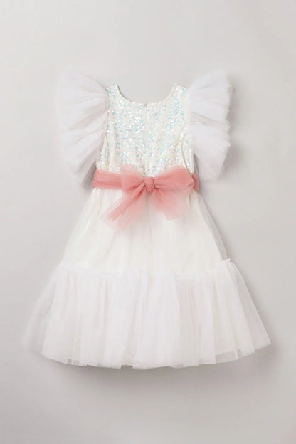 White Dress with Pastel Pink Sash and Velvet Sequin Detailing - BYB PREMIUM