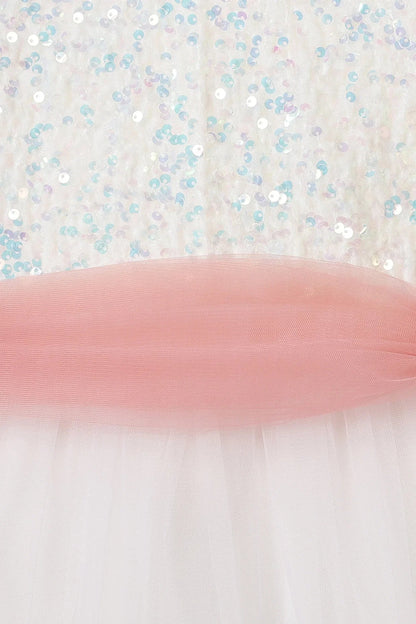 White Dress with Pastel Pink Sash and Velvet Sequin Detailing - BYB PREMIUM