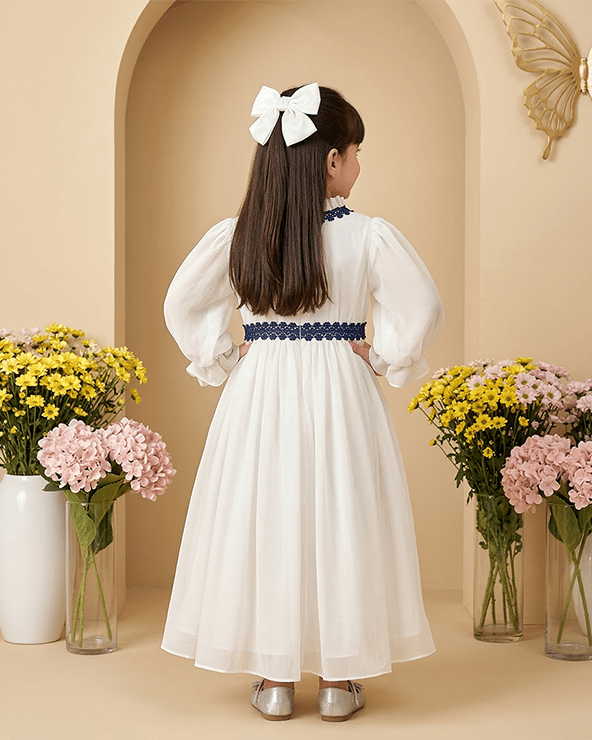 White Georgette Girls Midi Dress with Puff Sleeves & Crepe Lining - BYB PREMIUM