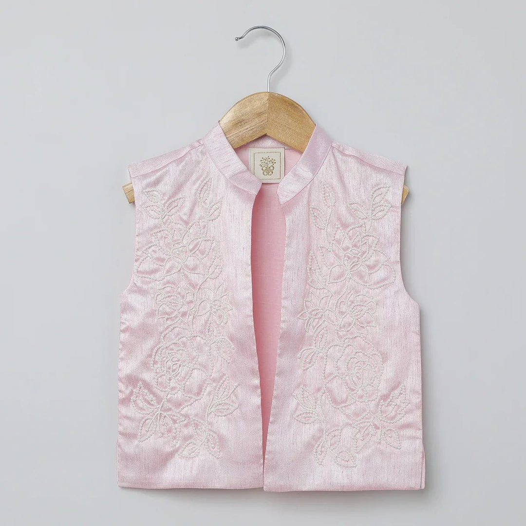White Kurta Pyjama Set with Baby Pink Raw Silk Embroidered Jacket for Boys - BYB PREMIUM