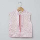 White Kurta Pyjama Set with Baby Pink Raw Silk Embroidered Jacket for Boys - BYB PREMIUM