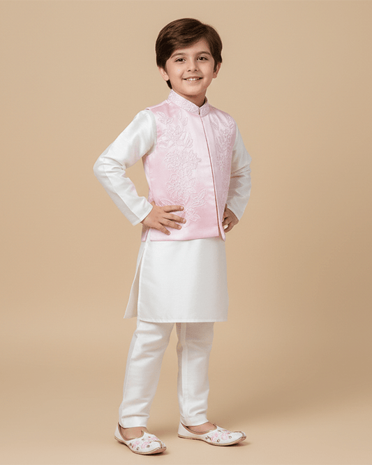 White Kurta Pyjama Set with Baby Pink Raw Silk Embroidered Jacket for Boys - BYB PREMIUM